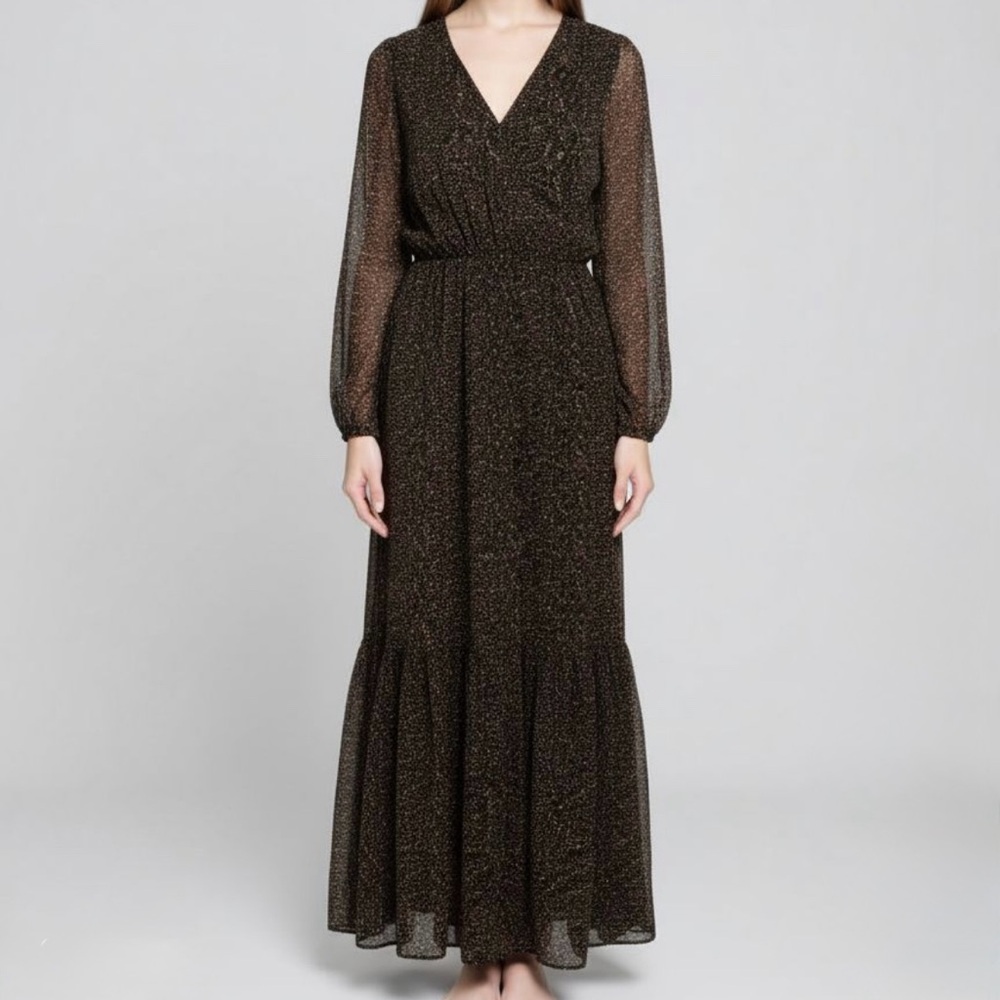 Joie, sheer, silk, Black Long Sleeve Dress with Subtle Pattern